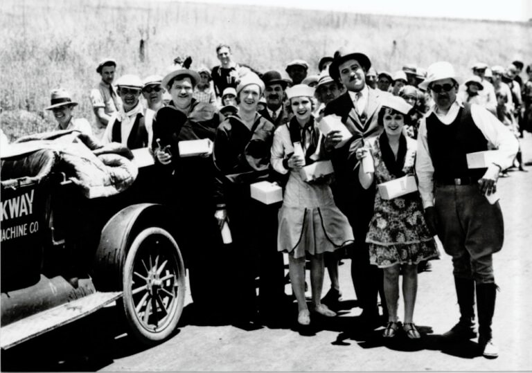 Cast and crew on location for Two Tars 1928