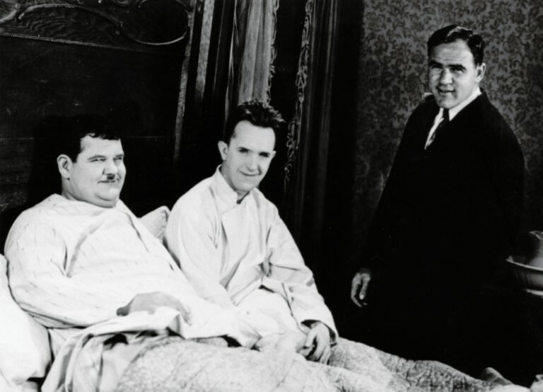 Stan, Ollie and Hal Roach on set of Angora Love 1929